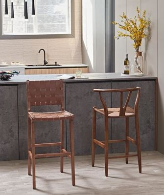 Chaises de bar nordiques à cadre en bois de cendres avec sièges tissés en cuir de selle