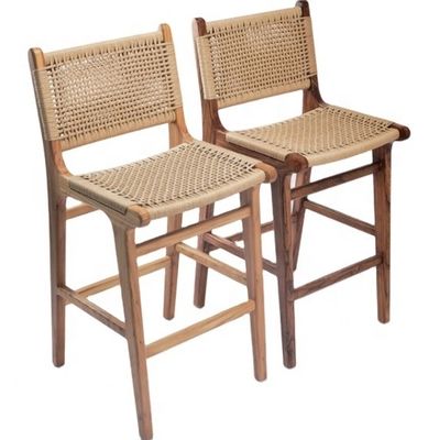 Tabouret de bar moderne avec siège en corde tissée et cadre accentué en cuir