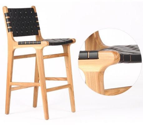 Tabouret de bar moderne avec siège en corde tissée et cadre accentué en cuir