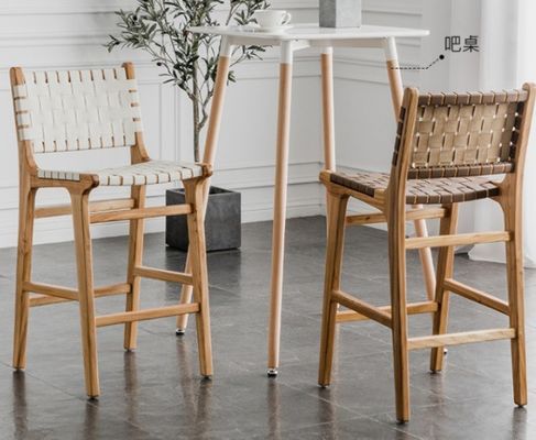 Tabouret de bar moderne avec siège en corde tissée et cadre accentué en cuir