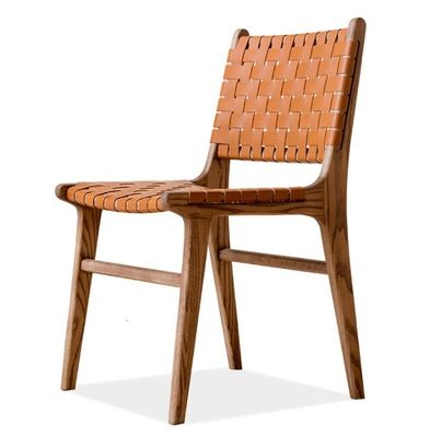 Chaise à manger moderne en cuir tissé en bois massif pour les meubles de salle à manger