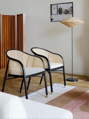 Chaise élégante simple en cuir en PU/tissu et en rotin Salle à manger Salle de séjour Meubles de restaurant Couverture de style japonais Chaise en bois moderne