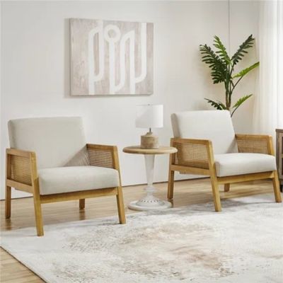 Salle de séjour moderne fauteuil de luxe meubles canapé en bois chaise avec tissu de luxe velours et rotin en couleur nature populaire