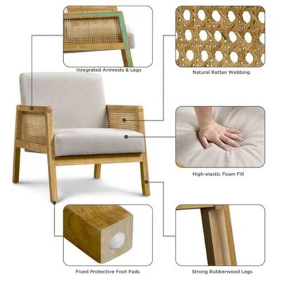 Salle de séjour moderne fauteuil de luxe meubles canapé en bois chaise avec tissu de luxe velours et rotin en couleur nature populaire