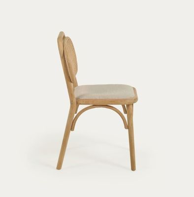 Chaise à manger de style vintage en bois naturel avec siège en tissu et dossier en rotin réel W47*D51*H82.5CM
