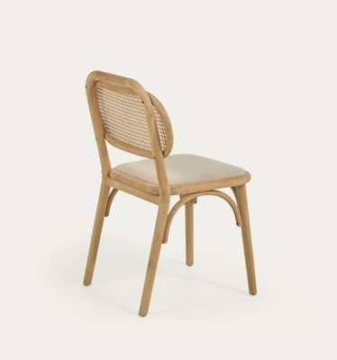 Chaise à manger de style vintage en bois naturel avec siège en tissu et dossier en rotin réel W47*D51*H82.5CM