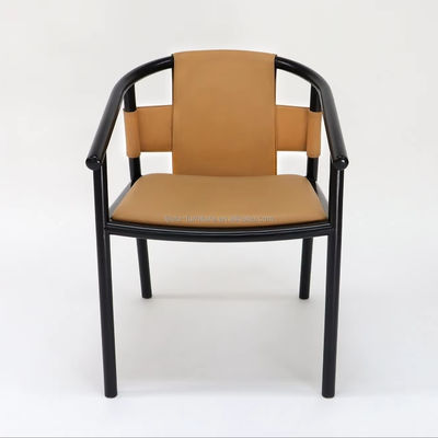 Chaise à manger spécifique cadre en bois massif salon de loisirs accents fauteuils à bras en cuir de selle brun