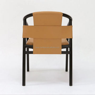 Chaise à manger spécifique cadre en bois massif salon de loisirs accents fauteuils à bras en cuir de selle brun