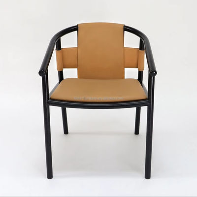 Chaise à manger spécifique cadre en bois massif salon de loisirs accents fauteuils à bras en cuir de selle brun