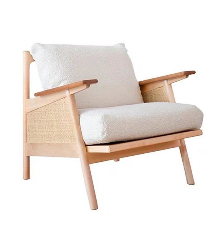 Accueil Meubles Généraux Salon nordique Chaise de canapé en bois avec coussin plume vers le bas Chaise en bois massif en rotin tissé naturel