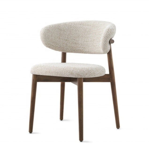 Meubles de salle à manger Couleur personnalisée Design traditionnel Chaise en bois de noyer avec tissu de lin blanc et dossier incurvé