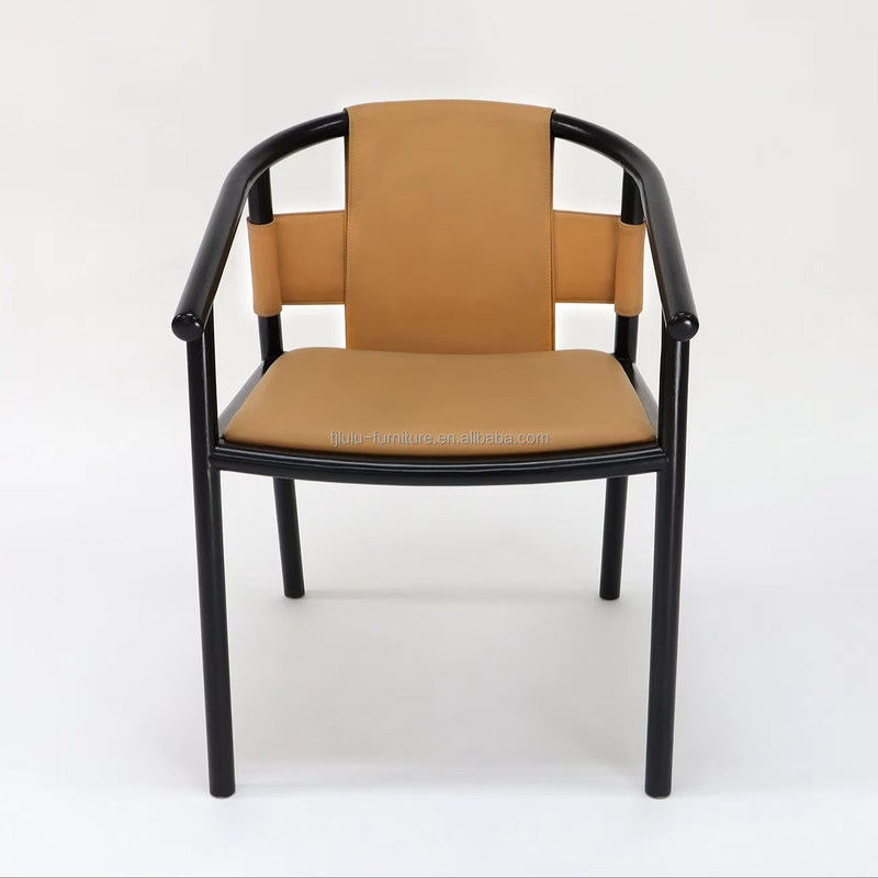 Chaise à manger spécifique cadre en bois massif salon de loisirs accents fauteuils à bras en cuir de selle brun